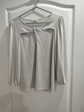Via Condotti Metallic Silver Twist-Front Long Sleeve Top